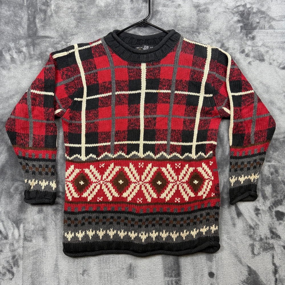 Metropolitan Sweater Mens Small Red Plaid Fair Isle Knit Ramie Cotton Vintage